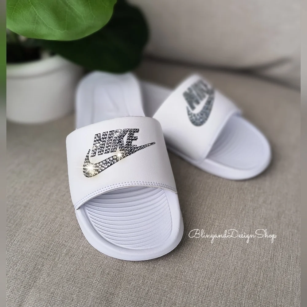 Women's Bling  Nike Victori One Sandal Slides Custom With Baby Blue Crystals